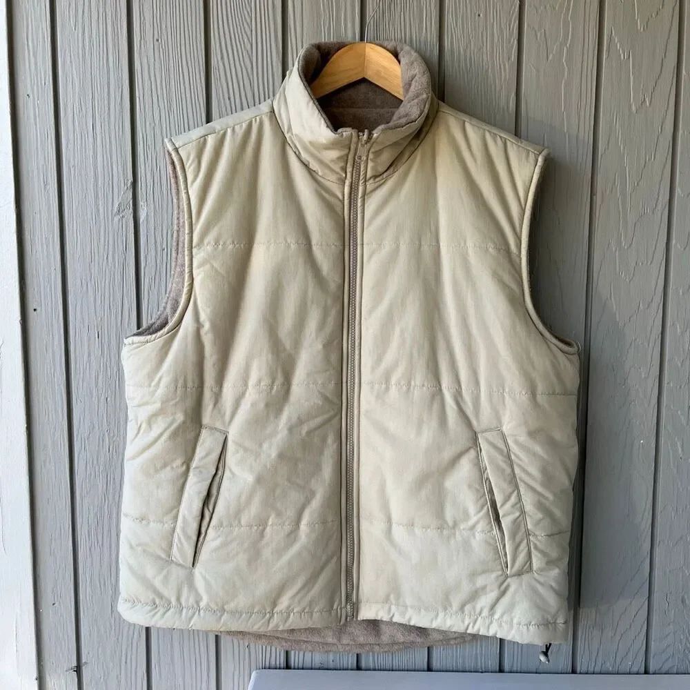 VTG Tempco Reversible Puffer Fleece Vest Beige Tan Zip Front SZ L